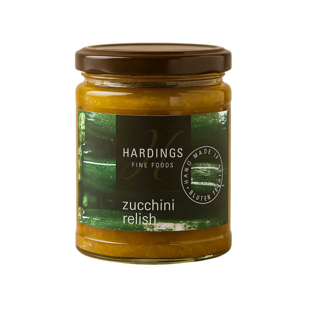 Jar of Hardings Fine Foods zucchini relish on a white background