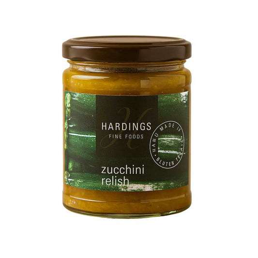 Jar of Hardings Fine Foods zucchini relish on a white background